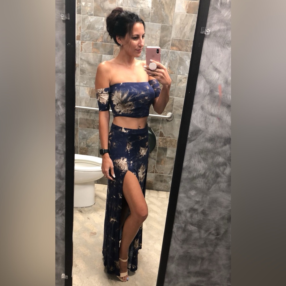 Blue tie dye two piece skirt and off the shoulder top set. Size Small.